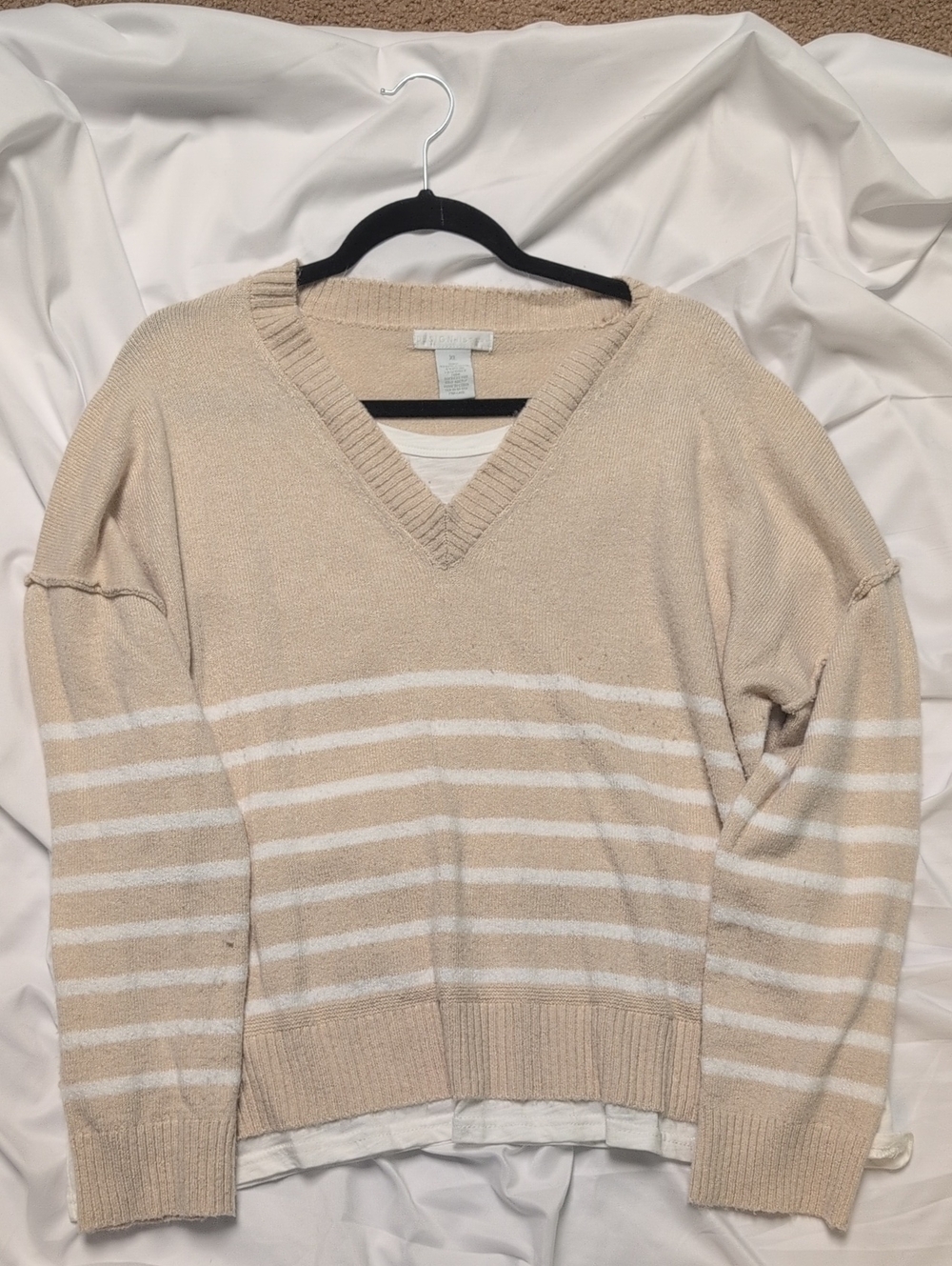Design History Beige & White Striped V-Neck Sweater